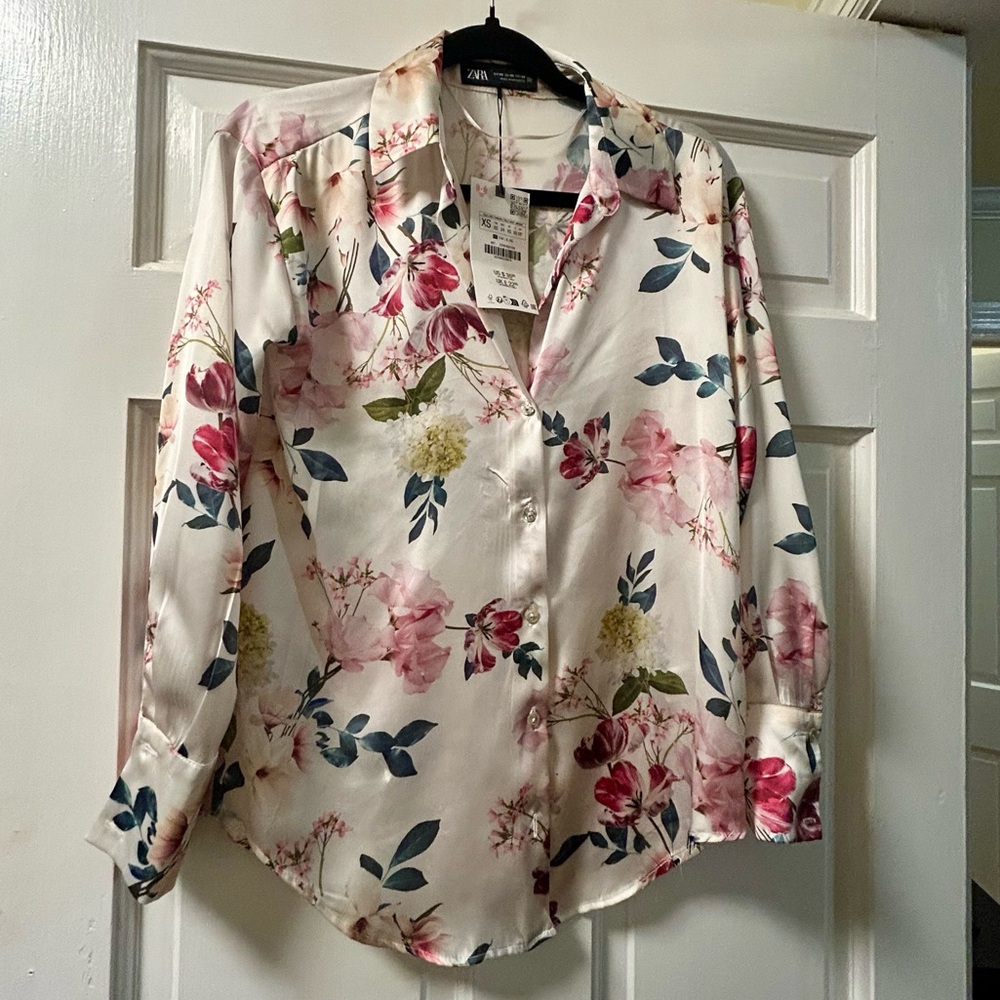 NWT Zara Floral Silk Button Down Blouse